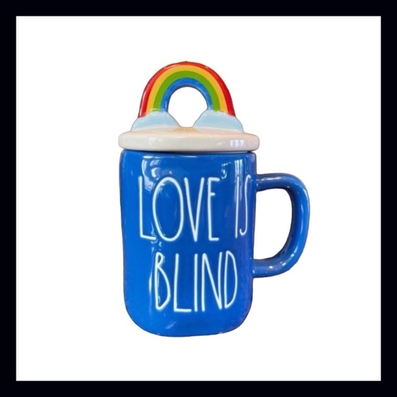 Rae Dunn LOVE IS BLIND Blue Ceramic Mug With Rainbow Figural Topper Pride 2021 - Picture 1 of 9